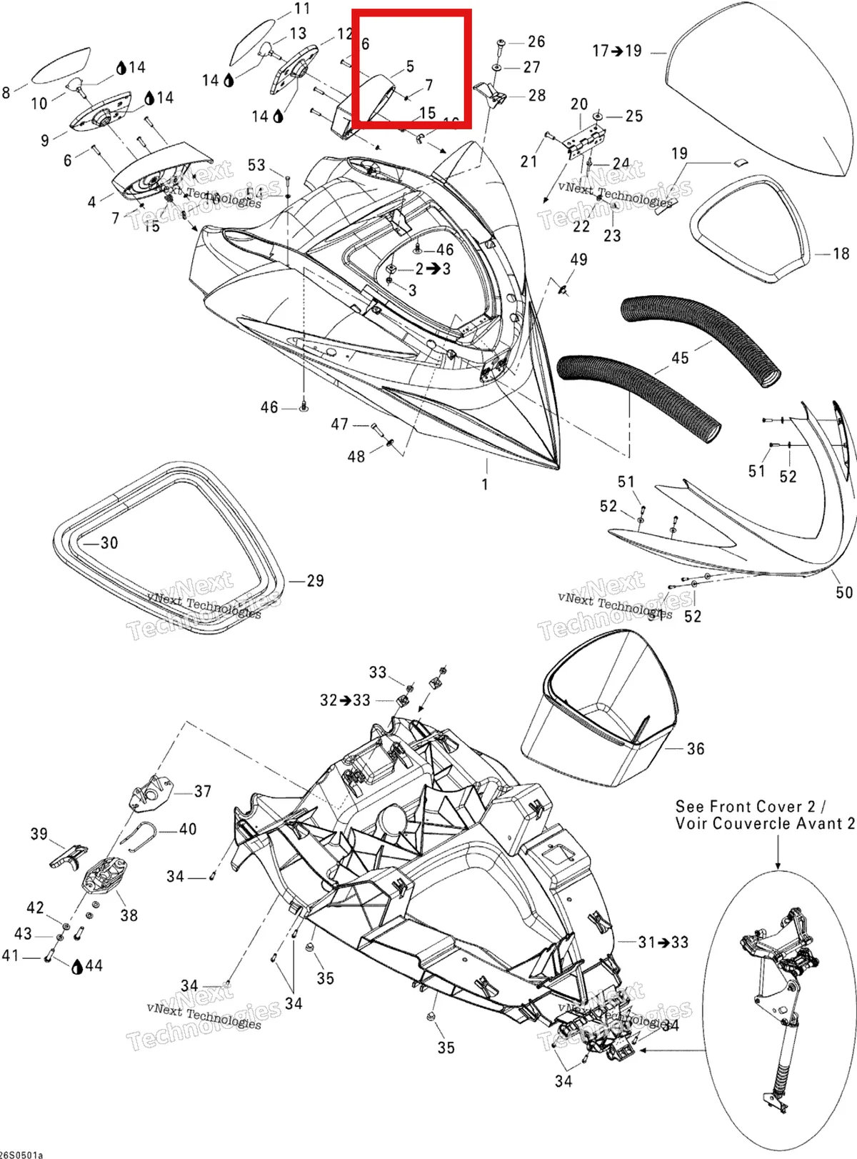 Деталь 269501205 на схеме узла 2005 Sea-Doo RXP Front Cover 1
