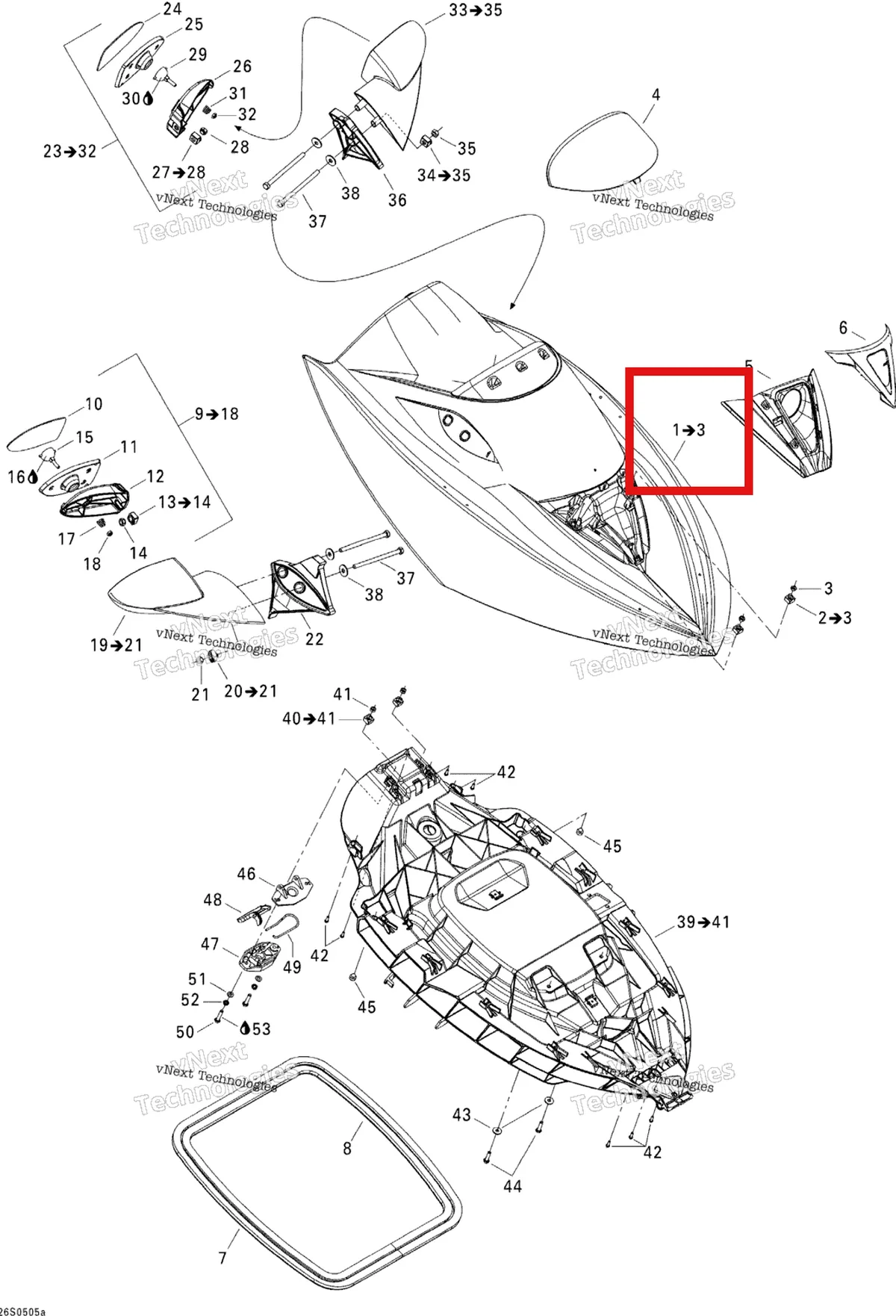 Деталь 269501266 на схеме узла 2005 Sea-Doo GTX 4-TEC, STD Front Storage Compartment 1 Std