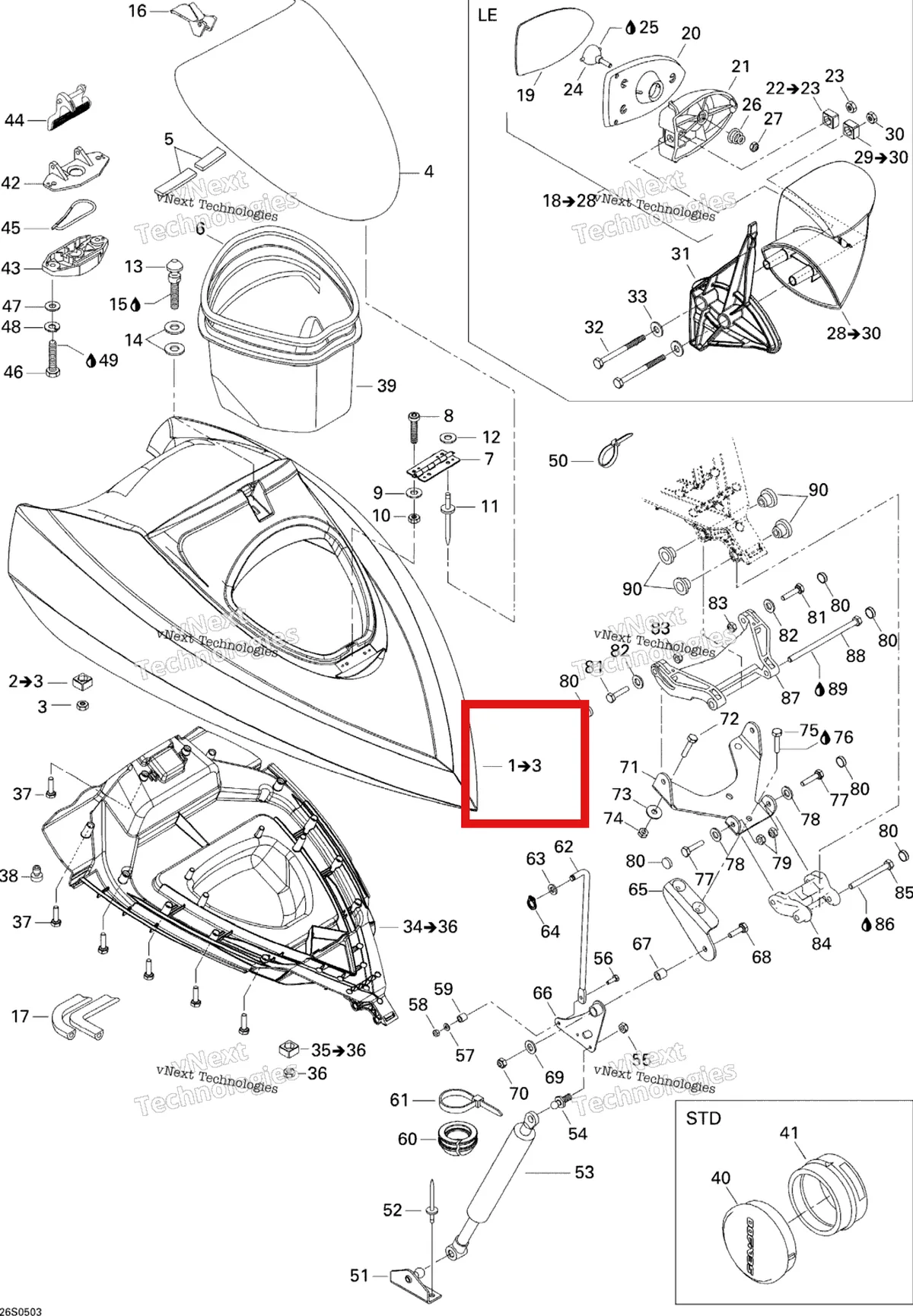 Деталь 269501301 на схеме узла 2005 Sea-Doo GTI LE RFI Front Storage Compartment Le
