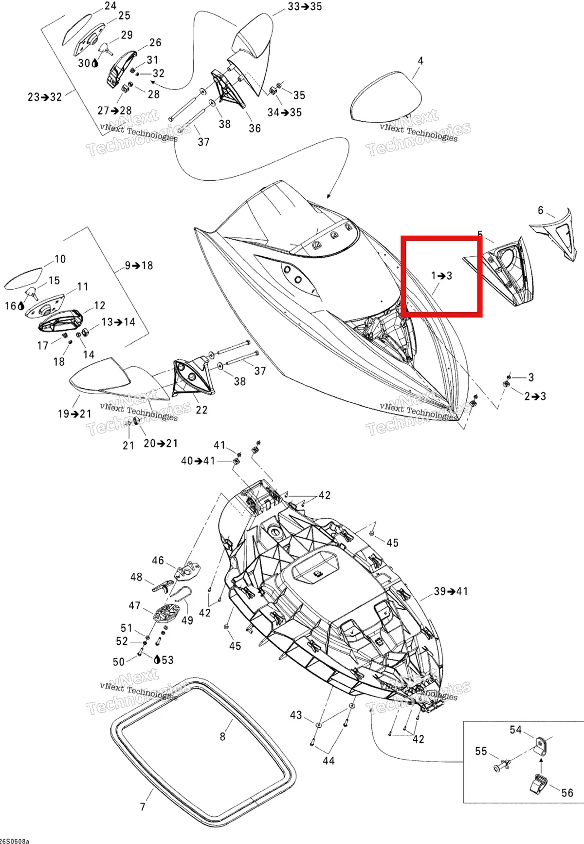 Деталь 269501324 на схеме узла 2005 Sea-Doo GTX 4-TEC, LTD SCIC Front Storage Compartment 1