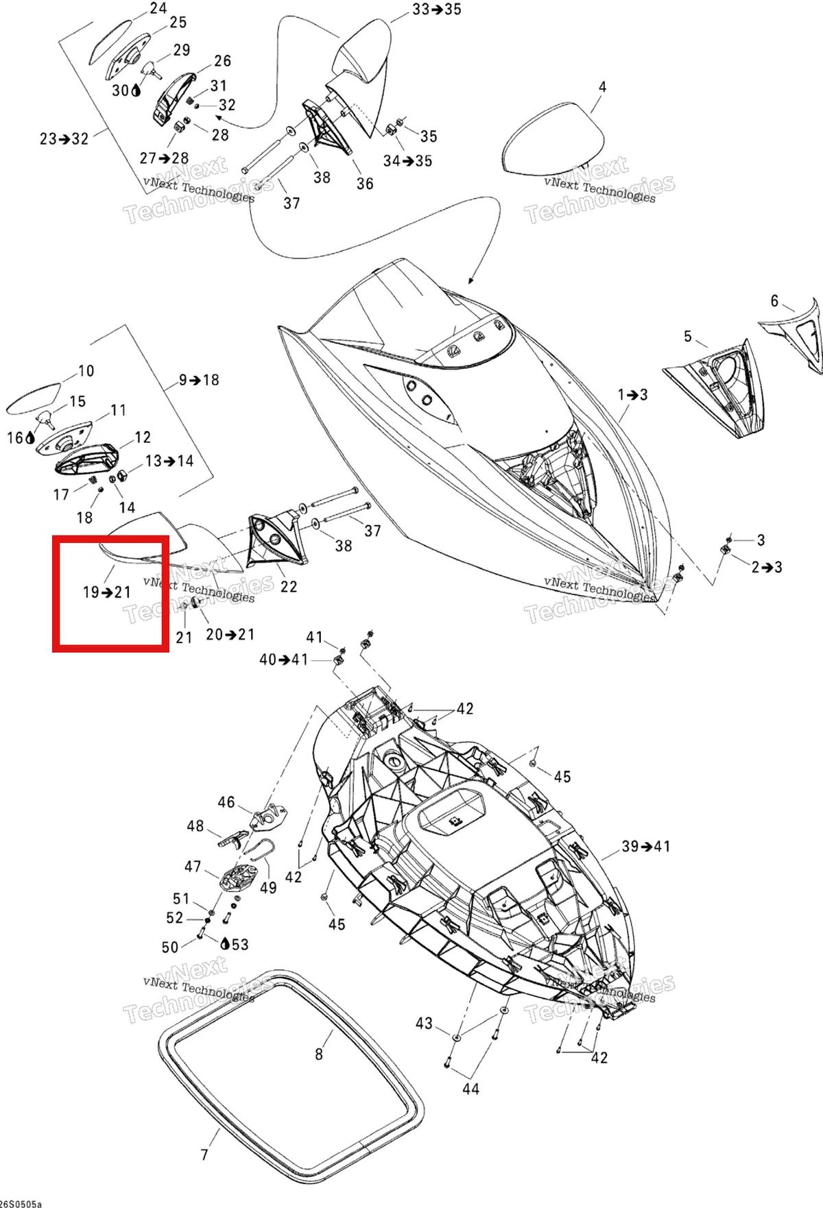 Деталь 269501326 на схеме узла 2005 Sea-Doo GTX 4-TEC, STD Front Storage Compartment 1 Std