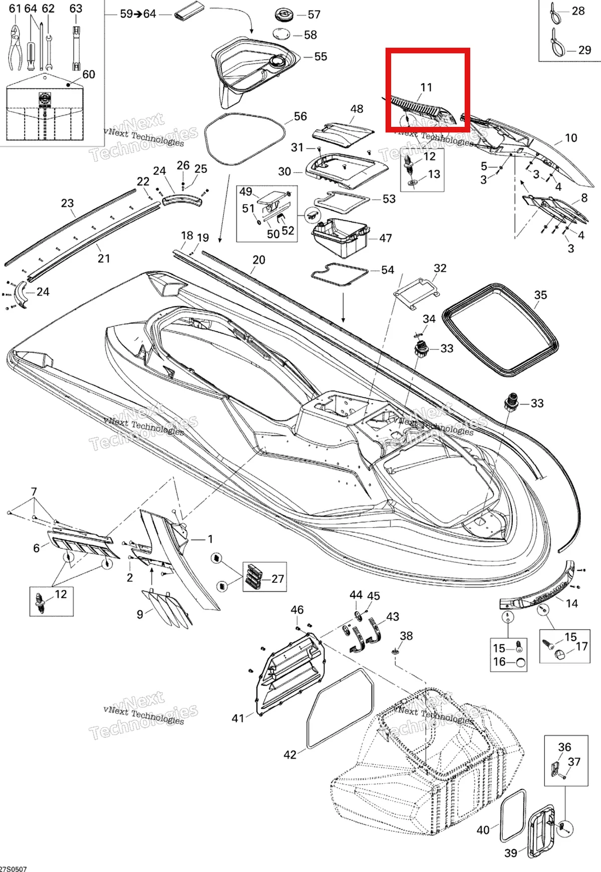 Деталь 269501359 на схеме узла 2005 Sea-Doo RXT Body, Front View Green