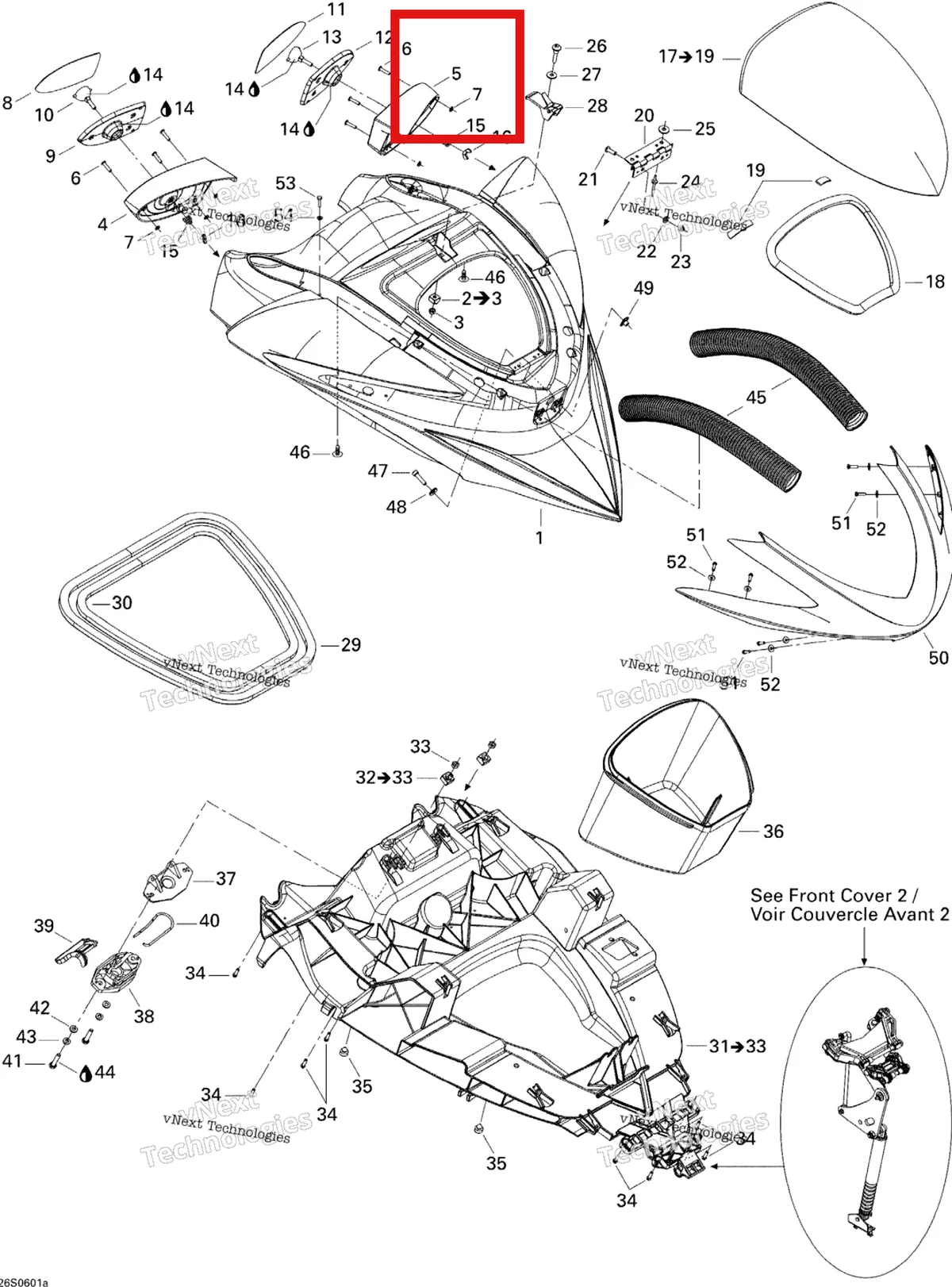 Деталь 269501369 на схеме узла 2006 Sea-Doo RXP Front Cover 1