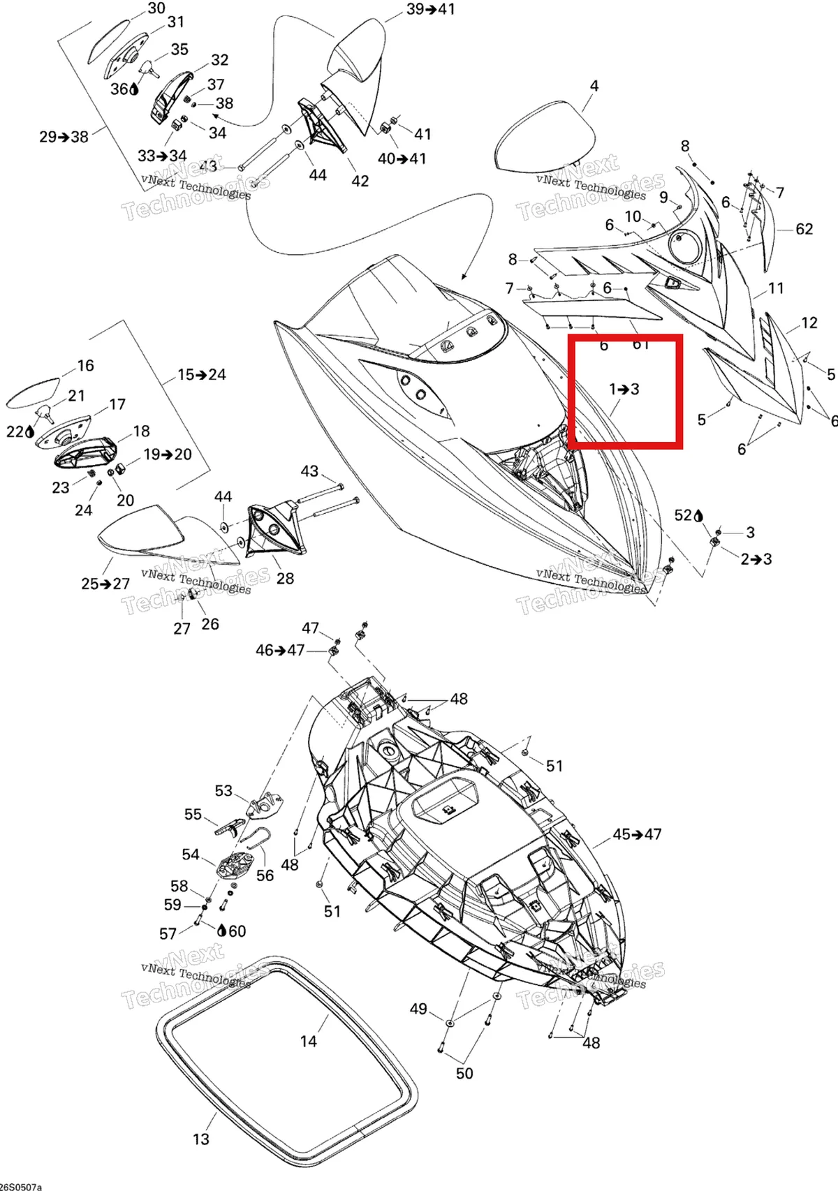 Деталь 269501399 на схеме узла 2005 Sea-Doo RXT Front Storage Compartment 1 Green