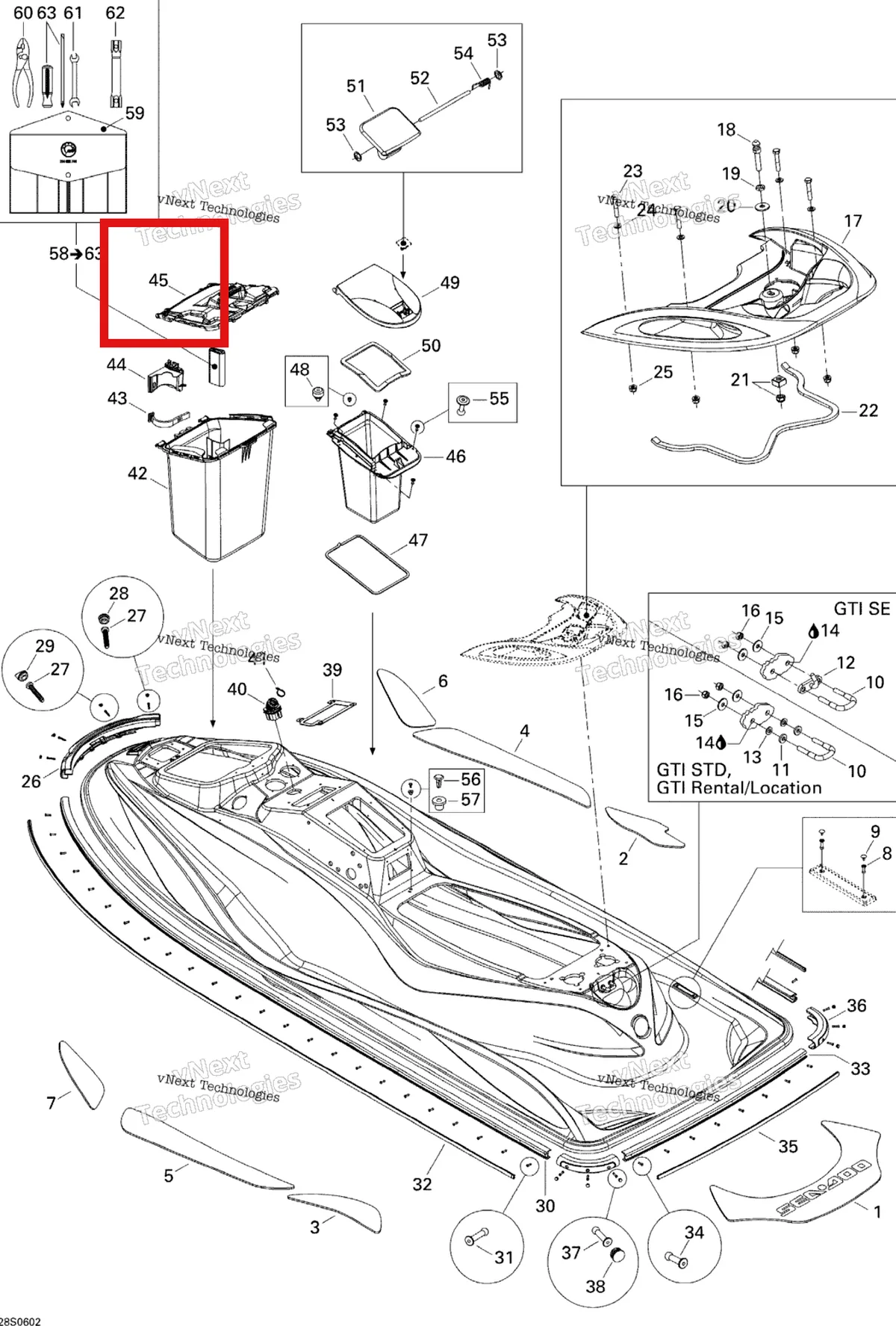 Деталь 269501489 на схеме узла 2006 Sea-Doo GTI Rental Body, Rear View Gti Std, Gti Rental