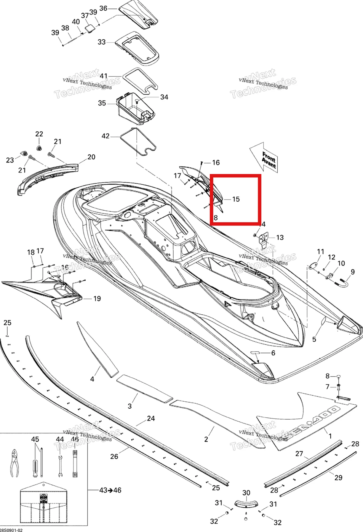 Деталь 269501527 на схеме узла 2009 Sea-Doo GTX 155 Body, Rear View