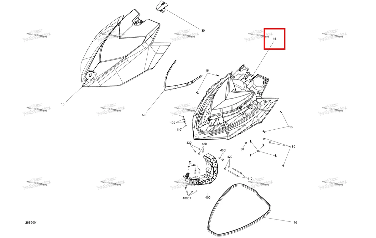 Деталь 269502196 (Глубокий чёрный Storage крышка нижний Sea-Doo RXP (2016) (269502196)) на схеме узла Front Cover