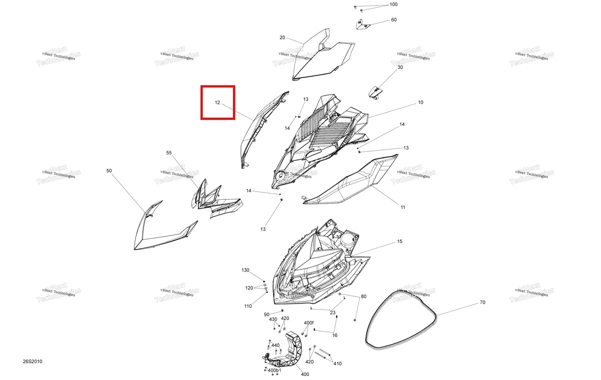 Деталь 269502329 (Глубокий чёрный правый Storage крышка Sea-Doo RXP 300 (2018) (269502329)) на схеме узла 2020 Sea-Doo RXP 300 Front Cover