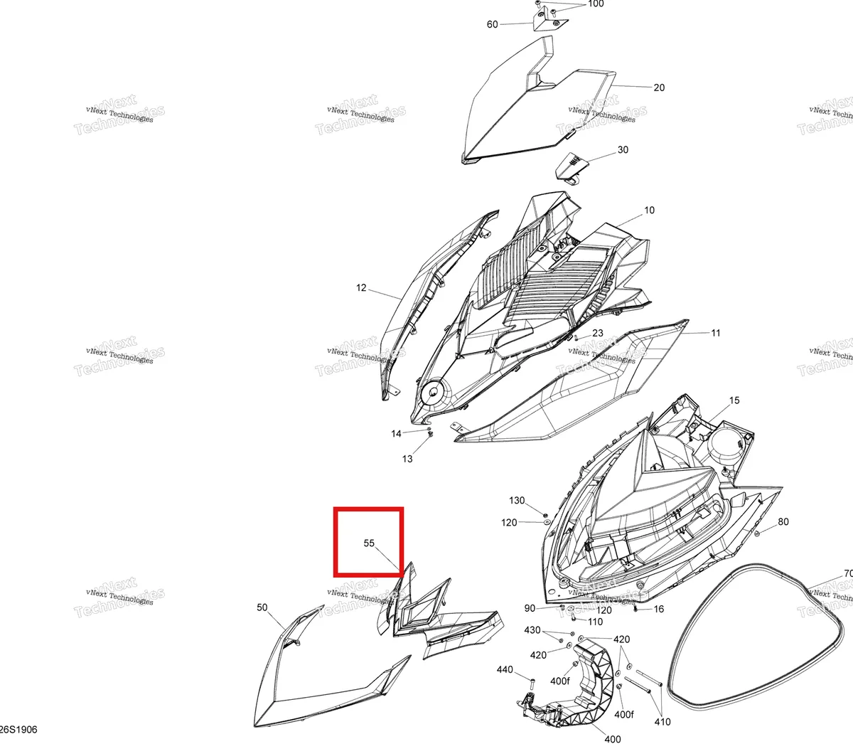 Деталь 269502330 (Опора передний дефлектор Neon жёлтый модель жёлтый Sea-Doo RXP 300 (2018) (269502330)) на схеме узла 2019 Sea-Doo RXP 300 Front Cover