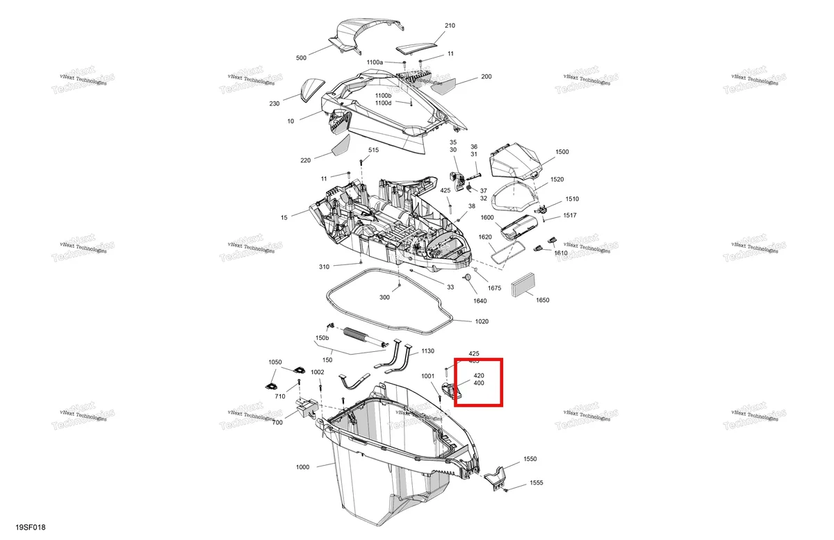 Деталь 269502385 (Левый защёлка основание Sea-Doo GTX 300 (2020) (269502385)) на схеме узла - 25TD - Bright White Body - Front Cover