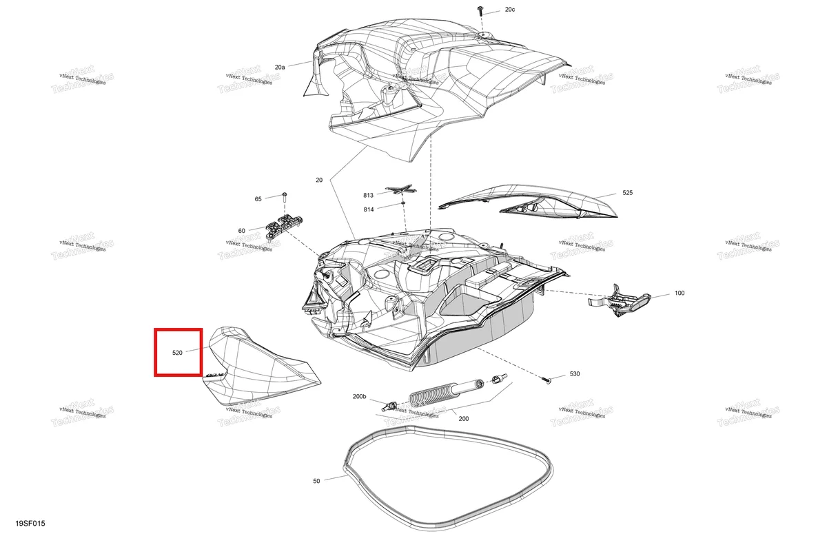 Деталь 269502468 (Monolith чёрный левый капот облицовка Sea-Doo RXP 325 X (2026) (269502468)) на схеме узла 2026 Sea-Doo RXP - 325 - X - 23TD - Gulfstream Blue - Audio Body - Front Cover