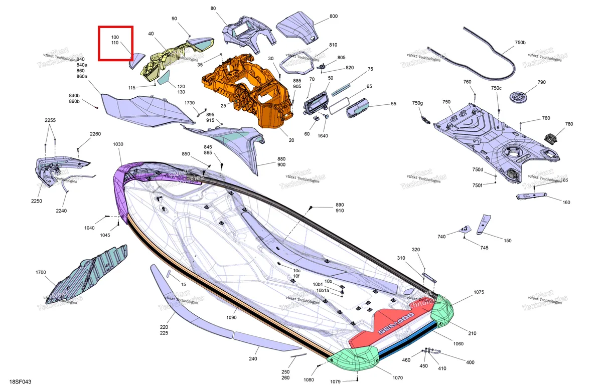 Деталь 269502542 (Iceland серый правый Miror крышка Sea-Doo GTR 300 X (2026) (269502542)) на схеме узла 2026 Sea-Doo GTR - 230 - STD - 36TC - Eclipse Black Body - System