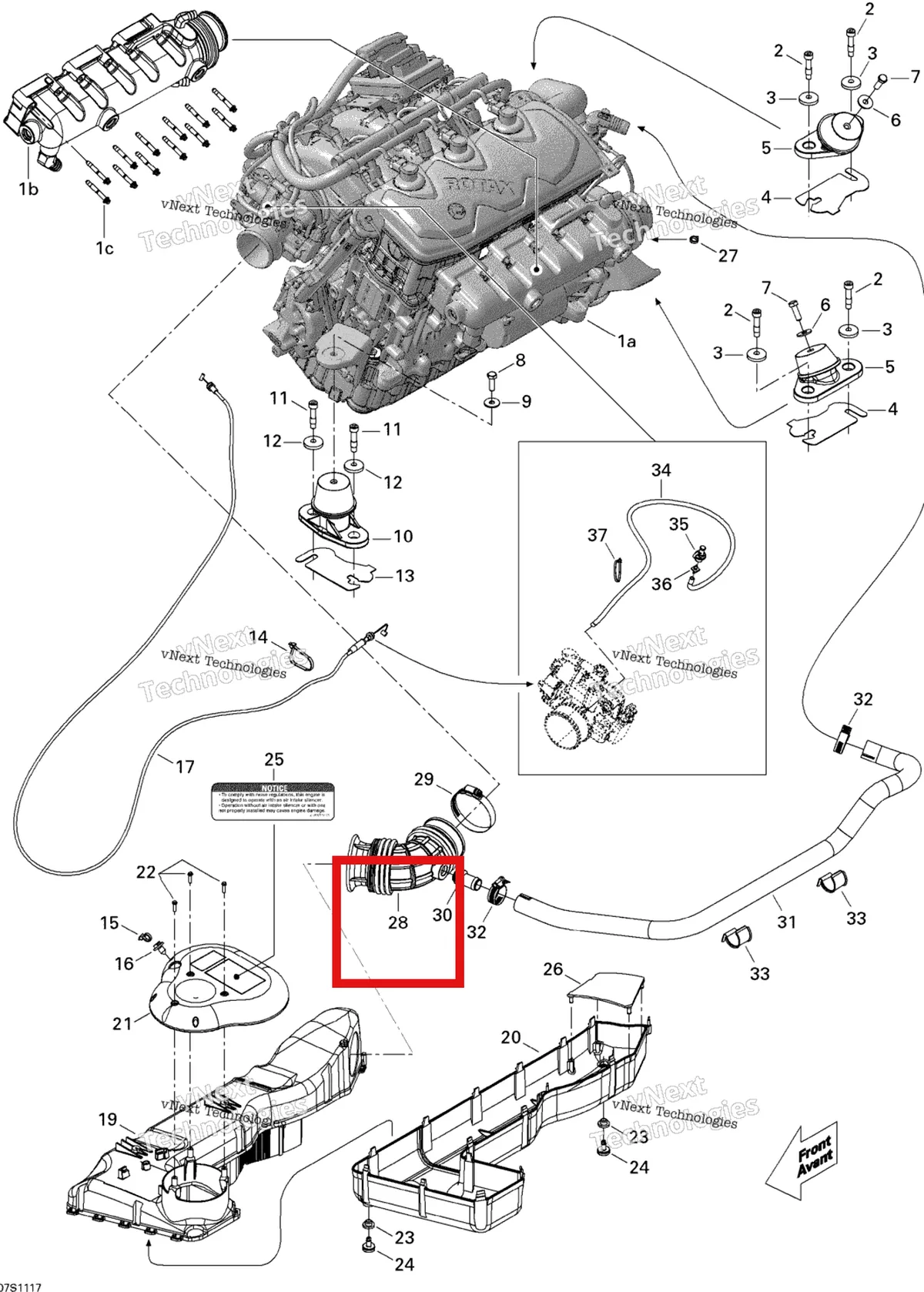 Деталь 270000628 на схеме узла 2011 Sea-Doo GTS Pro 130 Engine And Air Intake Silencer