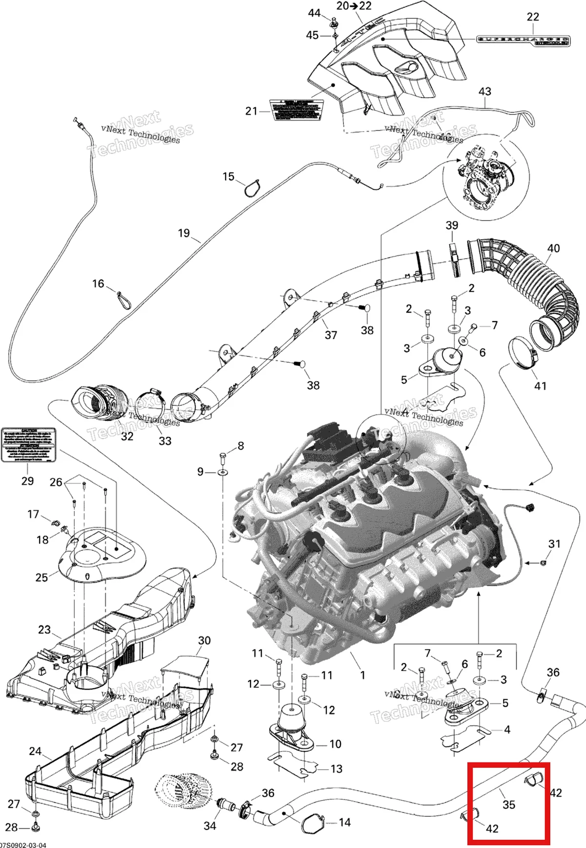 Деталь 270000629 на схеме узла 2009 Sea-Doo Wake PRO 215 Engine And Air Intake Silencer