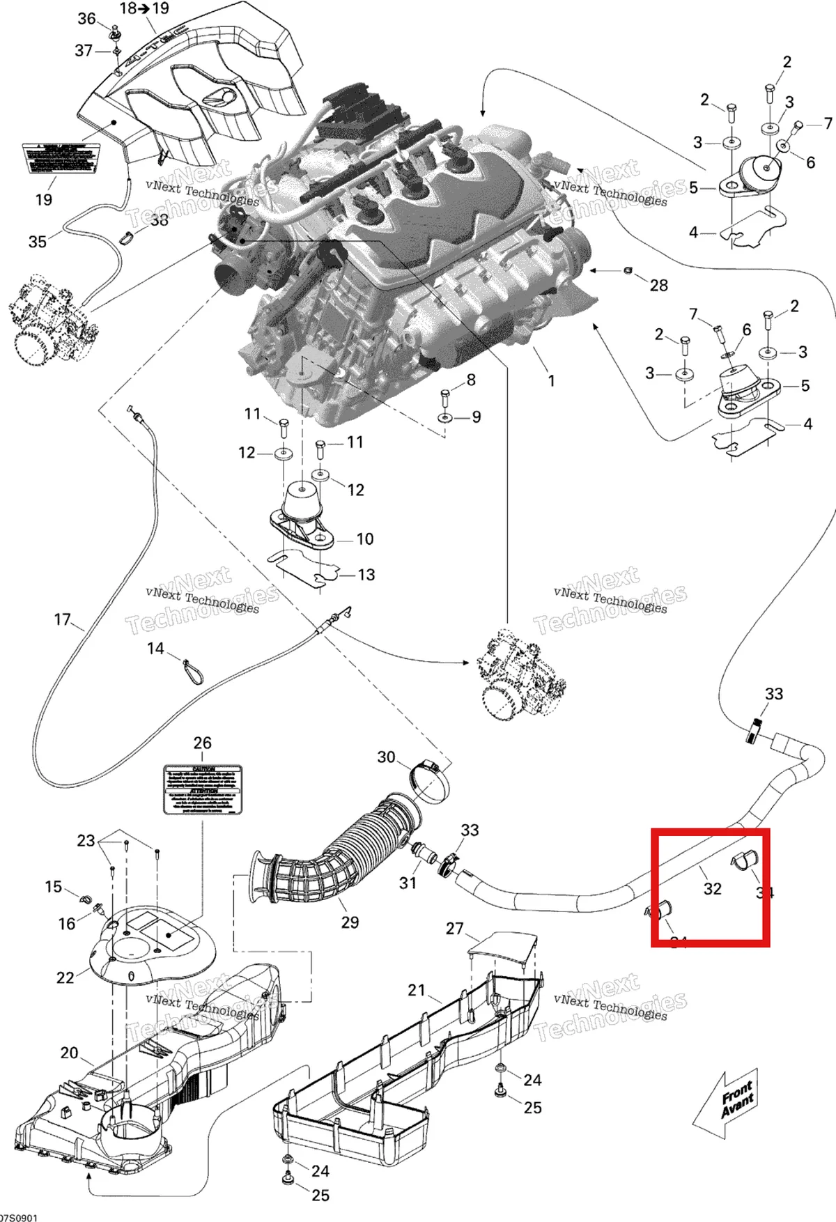 Деталь 270000681 на схеме узла 2009 Sea-Doo GTX 155 Engine And Air Intake Silencer