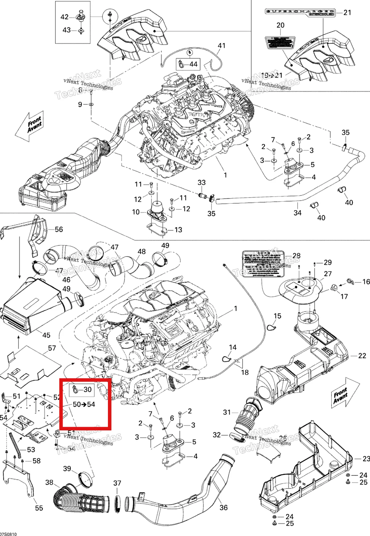 Деталь 270000701 на схеме узла 2008 Sea-Doo RXP X 255 Engine And Air Intake Silencer