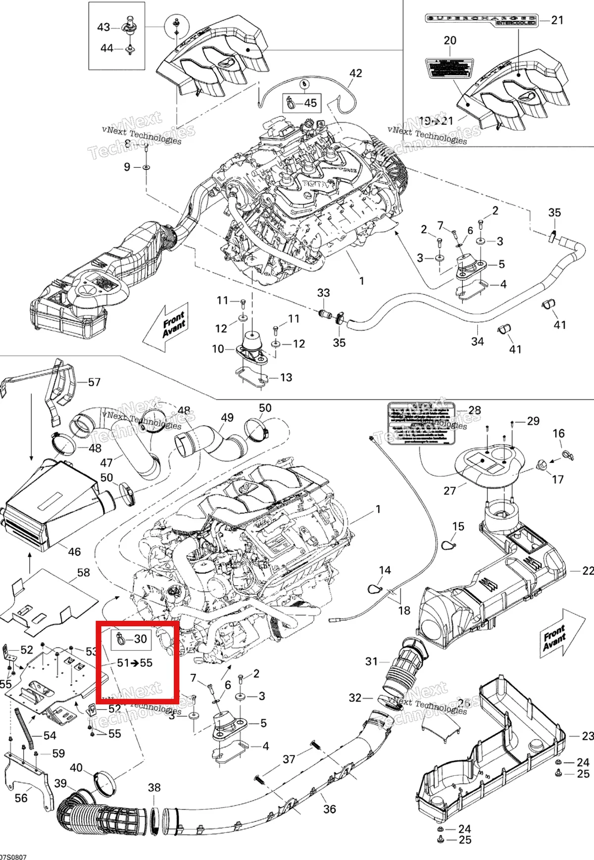 Деталь 270000706 на схеме узла 2008 Sea-Doo RXT X 255 Engine And Air Intake Silencer