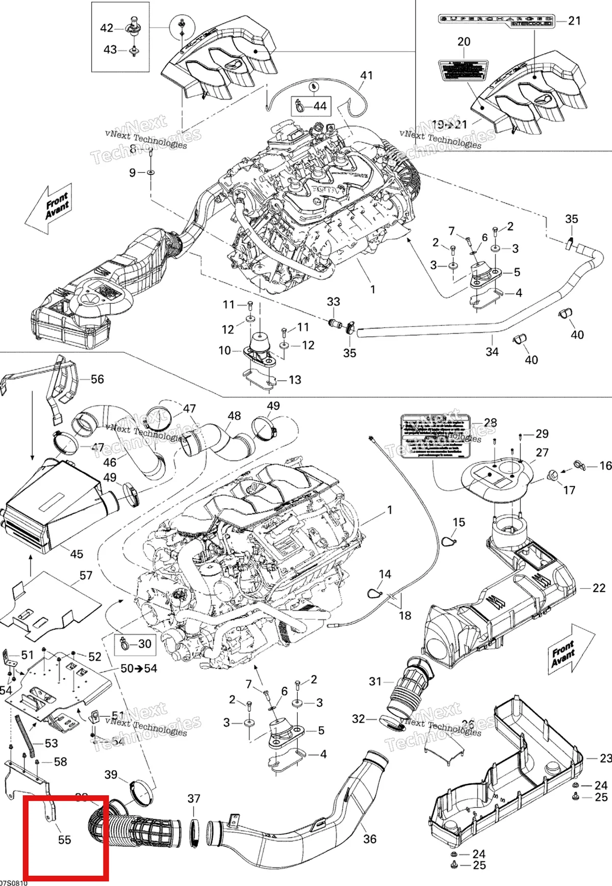 Деталь 270000718 на схеме узла 2008 Sea-Doo RXP X 255 Engine And Air Intake Silencer