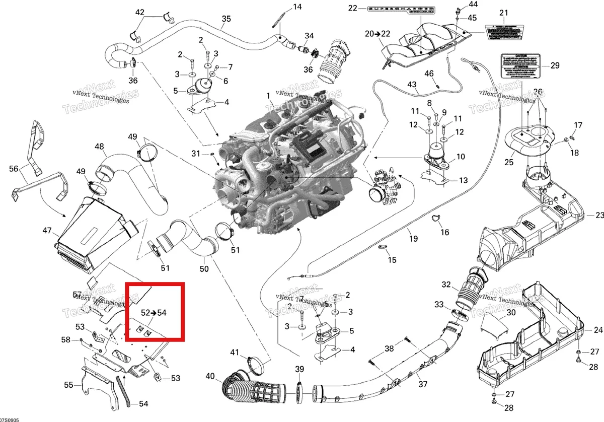 Деталь 270000756 на схеме узла 2009 Sea-Doo RXT-X 255 and 255 RS Engine And Air Intake Silencer