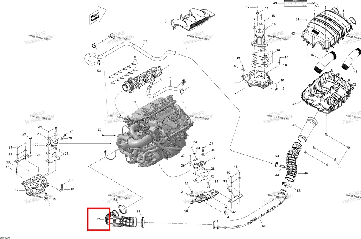 Деталь 273000188 (Впуск шланг Sea-Doo GTX 215 (2012) (273000188)) на схеме узла Engine And Air Intake Silencer