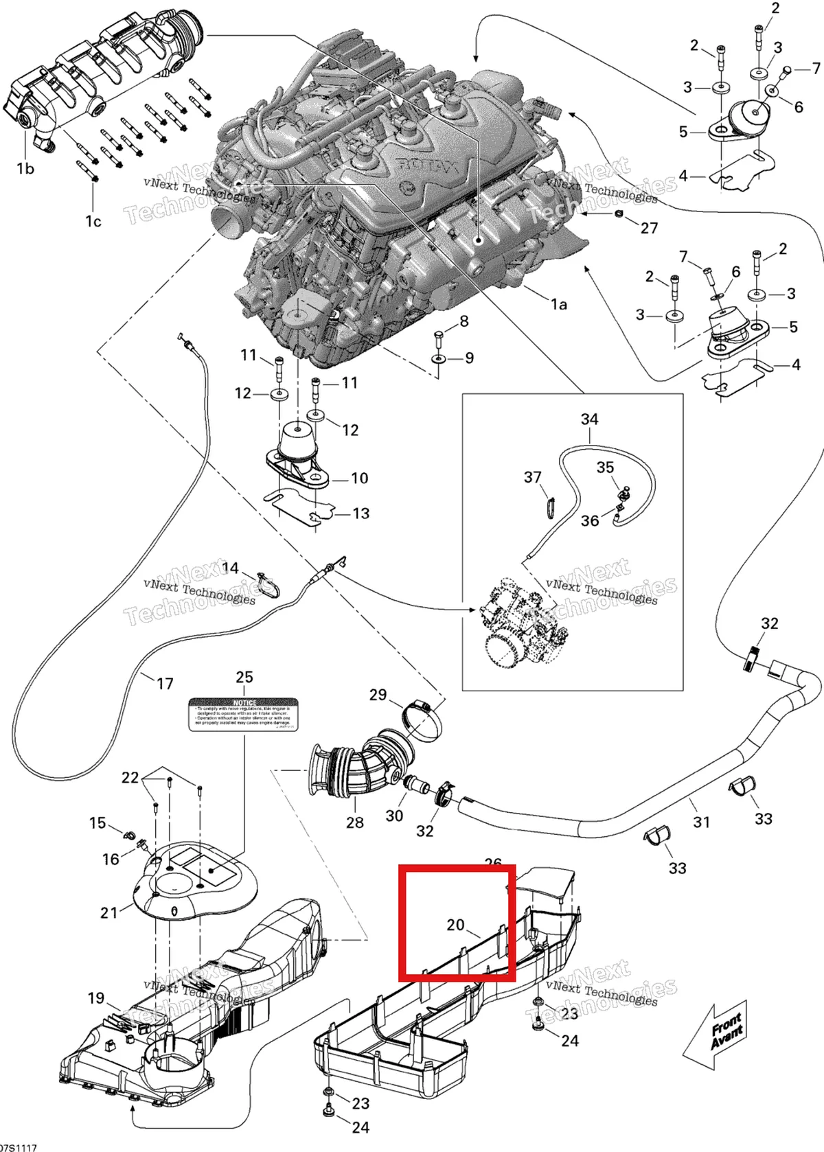 Деталь 273000190 на схеме узла 2011 Sea-Doo GTS Pro 130 Engine And Air Intake Silencer