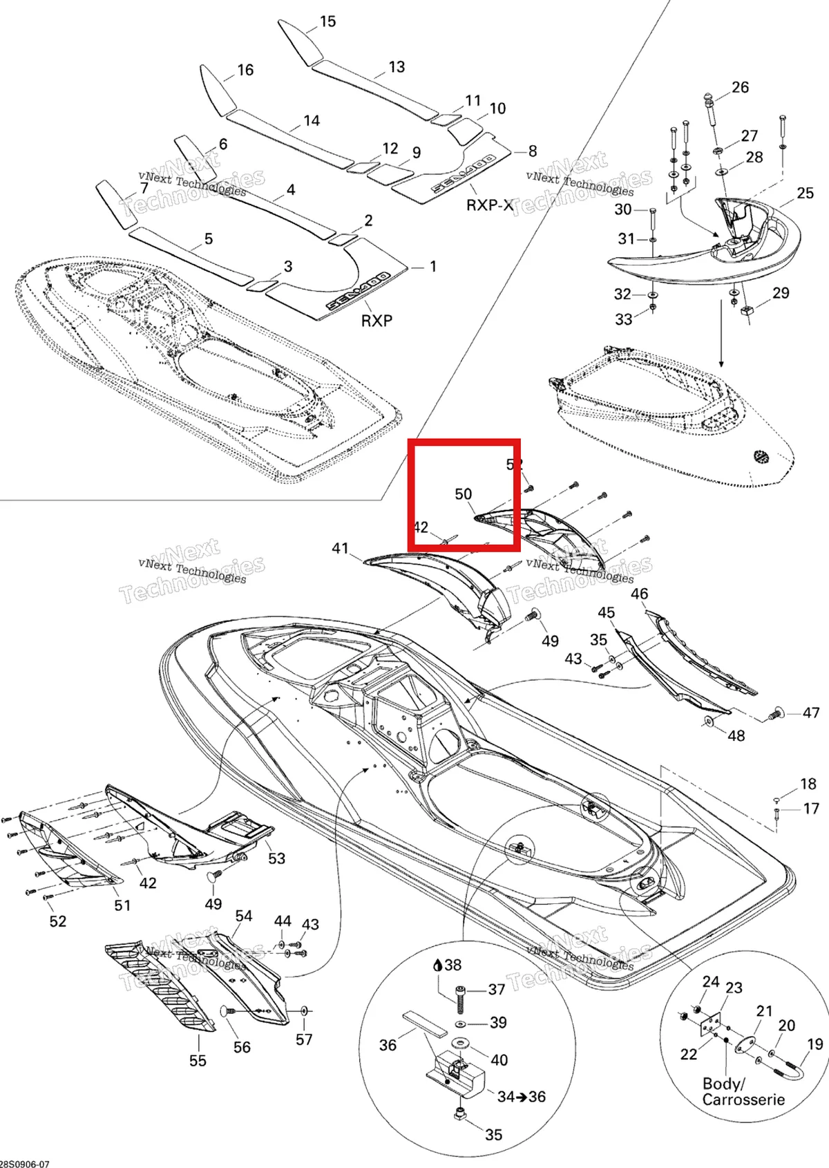 Деталь 273000218 на схеме узла 2009 Sea-Doo RXP-X 255 and 255 RS Body, Rear View