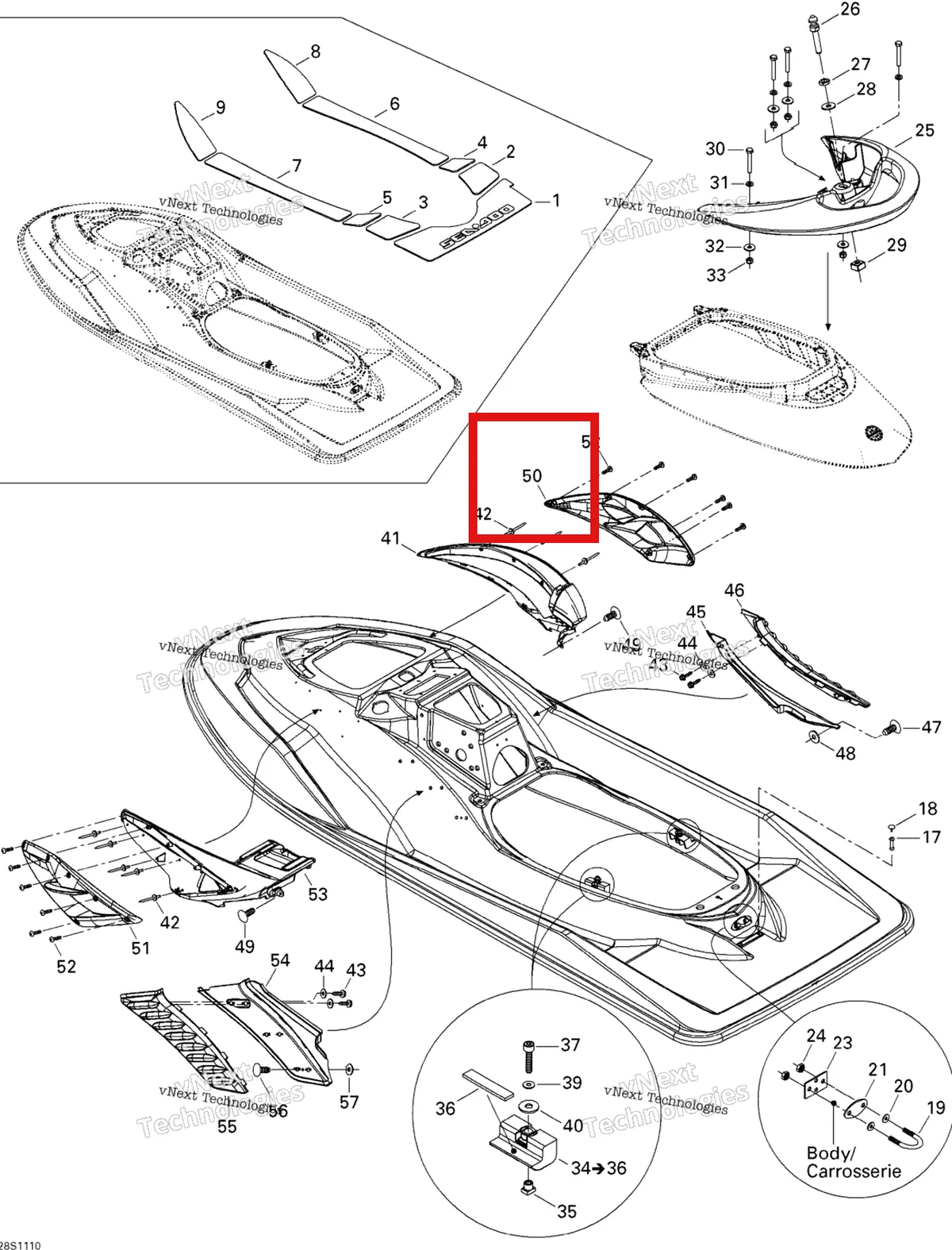 Деталь 273000231 на схеме узла 2011 Sea-Doo RXP-X 255 & RS Body, Rear View