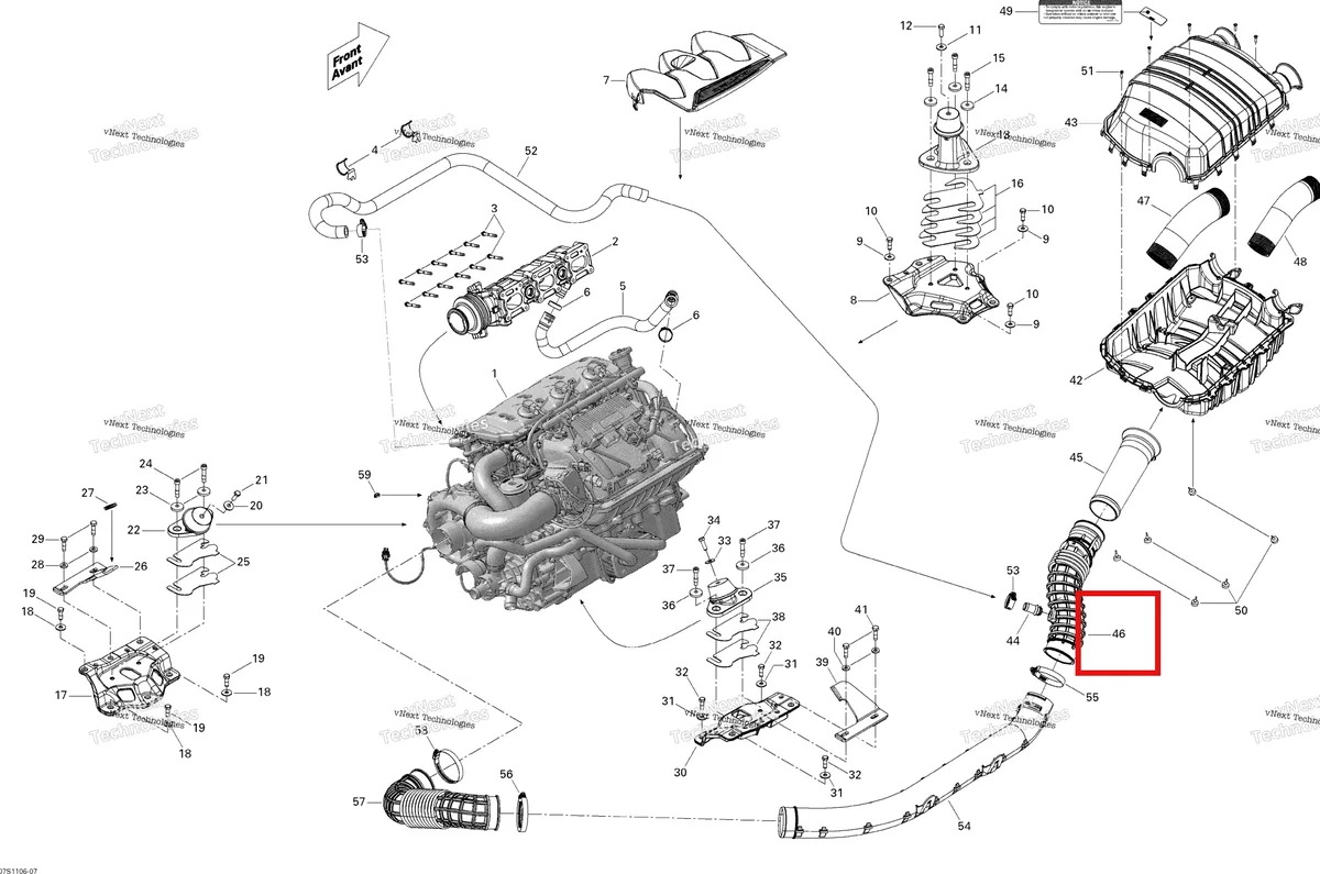 Деталь 273000296 (Шланг разъём Sea-Doo GTX 215 (2012) (273000296)) на схеме узла Engine And Air Intake Silencer