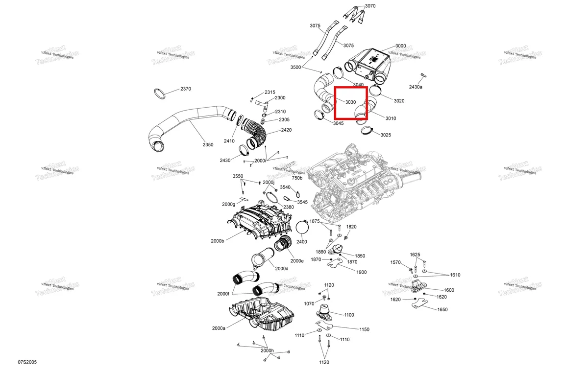 Деталь 273000392 (Шланг воздушный Exit Intercooler Sea-Doo GTX 300 (2020) (273000392)) на схеме узла 2020 Sea-Doo GTR 230 Engine