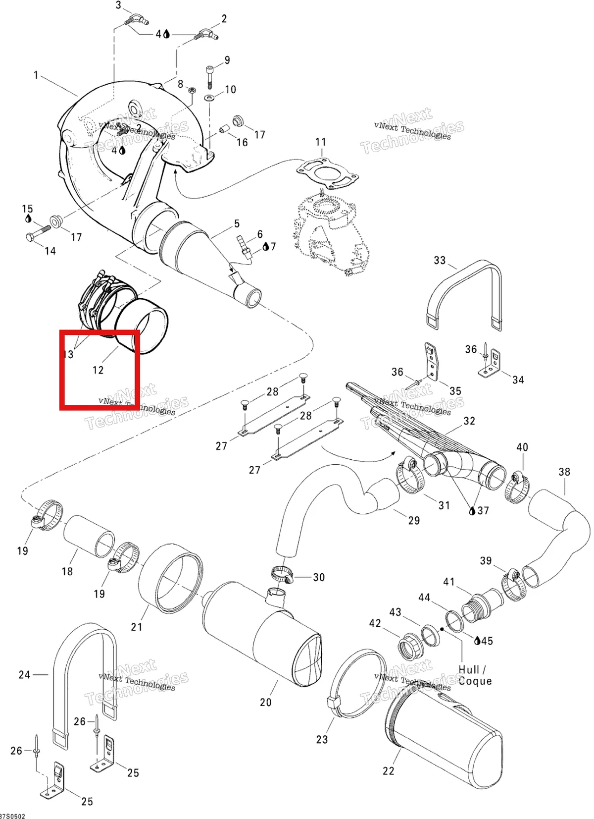 Деталь 274000074 на схеме узла 2005 Sea-Doo GTI Exhaust System