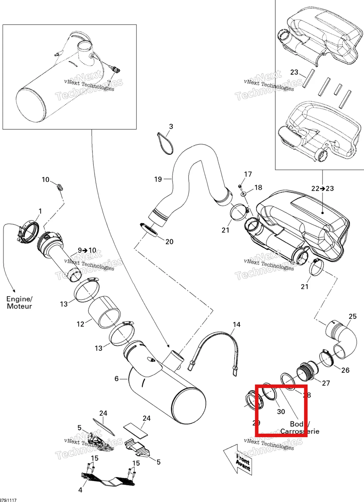 Деталь 274000225 на схеме узла 2011 Sea-Doo GTS Pro 130 Exhaust System