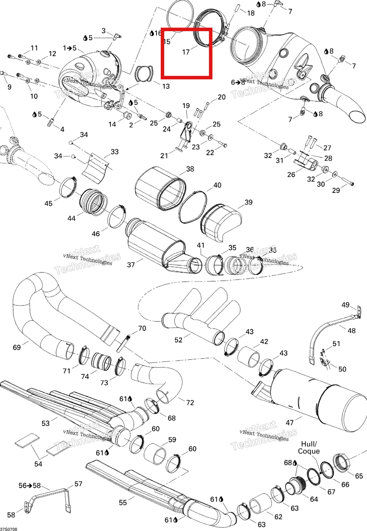 Деталь 274000510 на схеме узла 2007 Sea-Doo 3D 947 DI Exhaust System