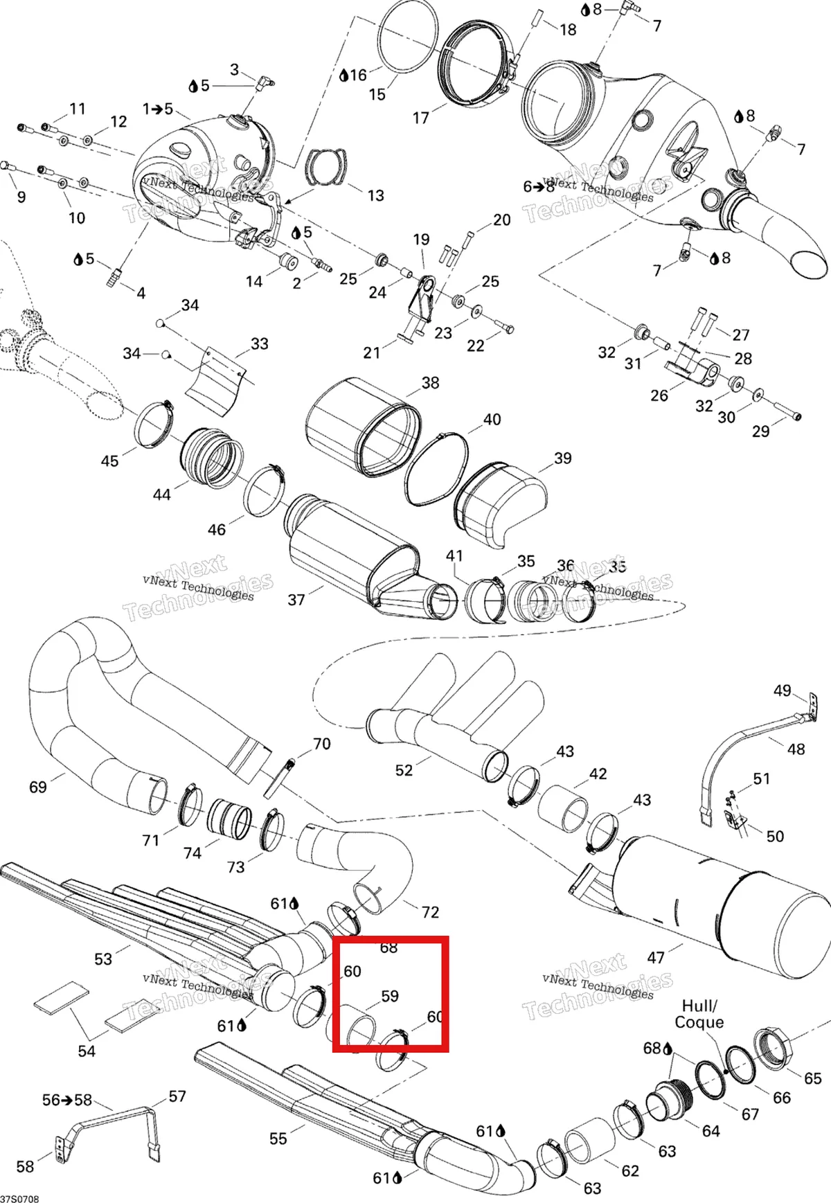 Деталь 274000726 на схеме узла 2007 Sea-Doo 3D 947 DI Exhaust System