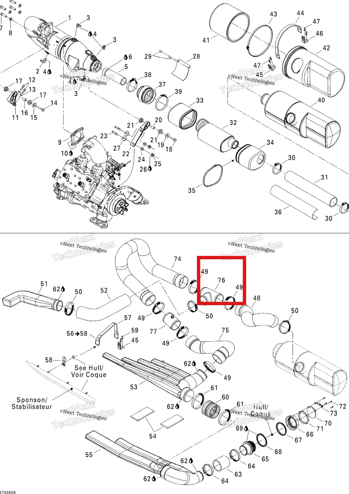 Деталь 274001080 на схеме узла 2005 Sea-Doo 3D RFI Exhaust System
