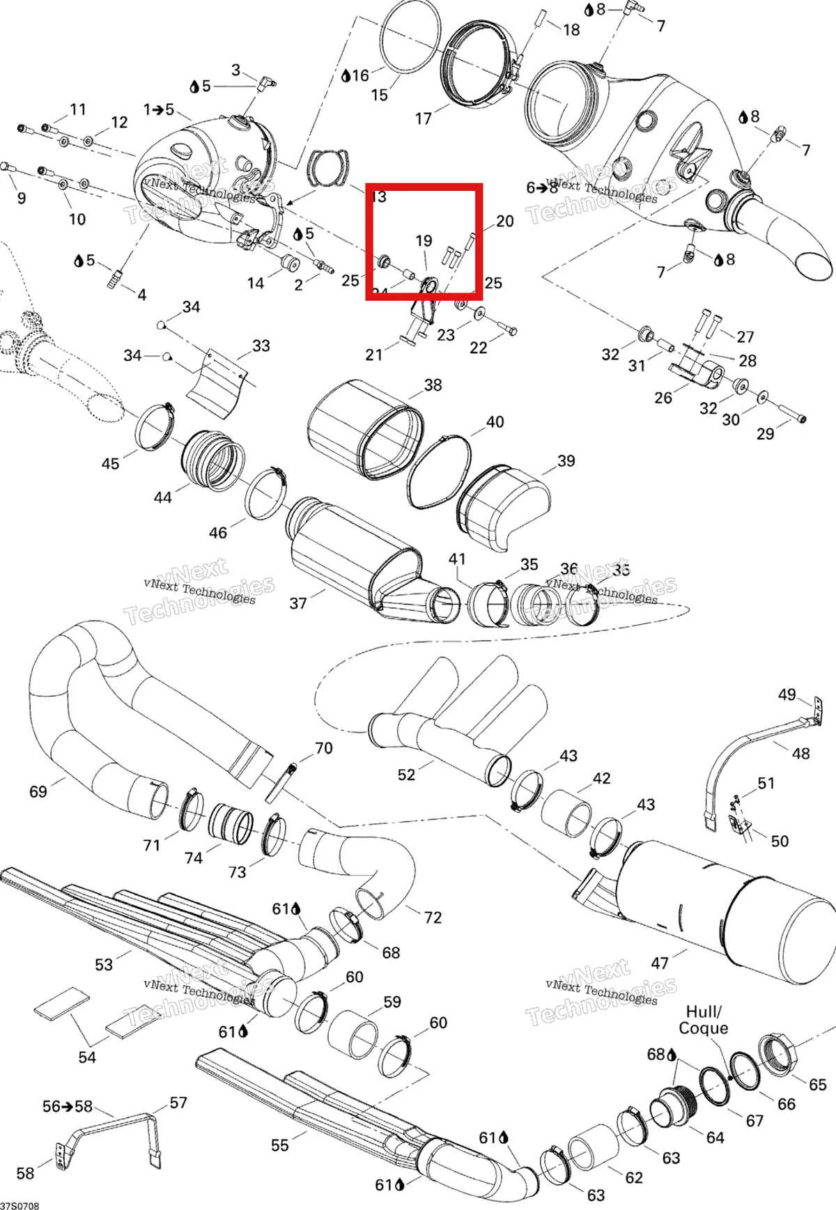 Деталь 274001109 на схеме узла 2007 Sea-Doo 3D 947 DI Exhaust System