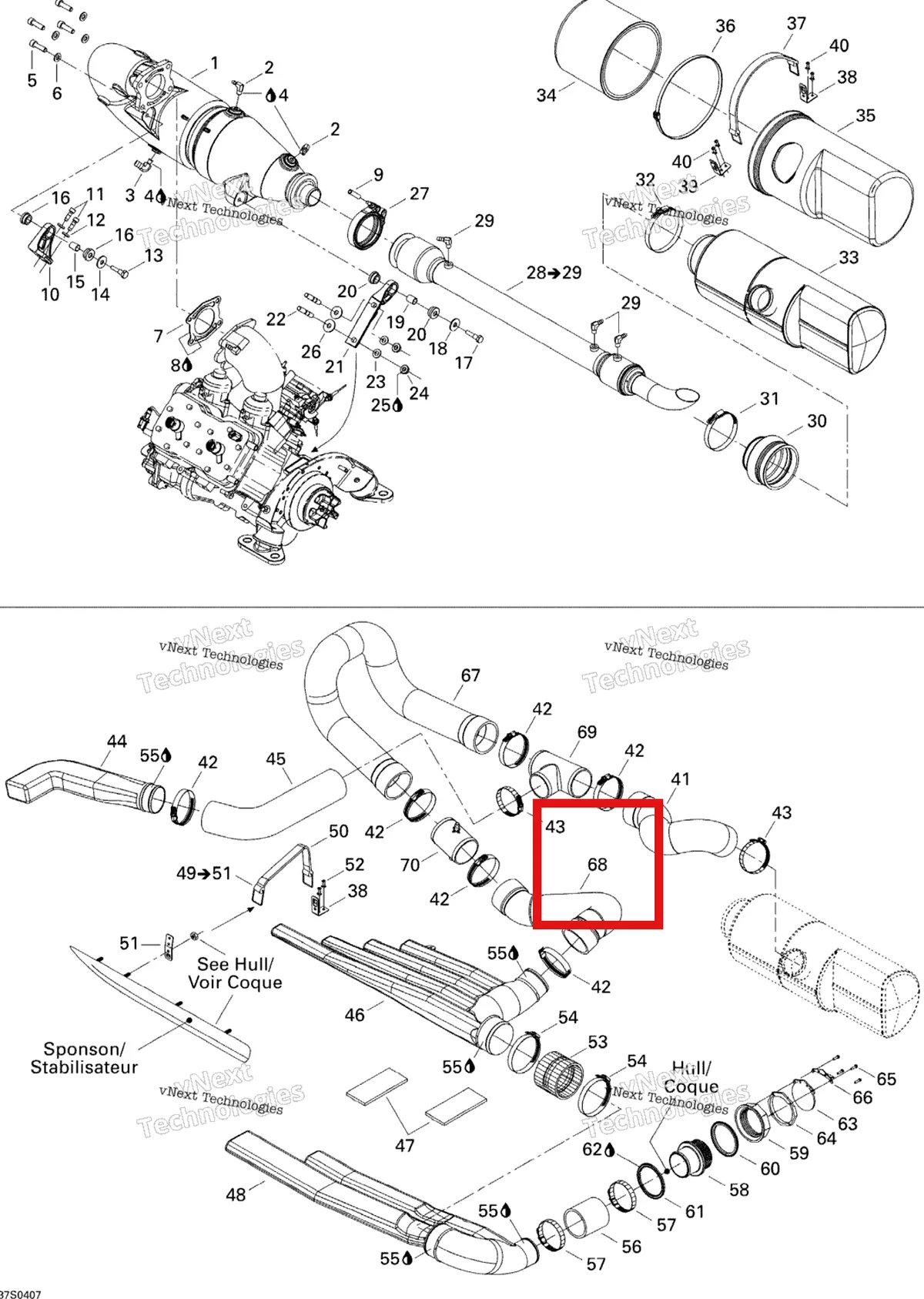 Деталь 274001115 на схеме узла 2004 Sea-Doo 3D RFI Exhaust System