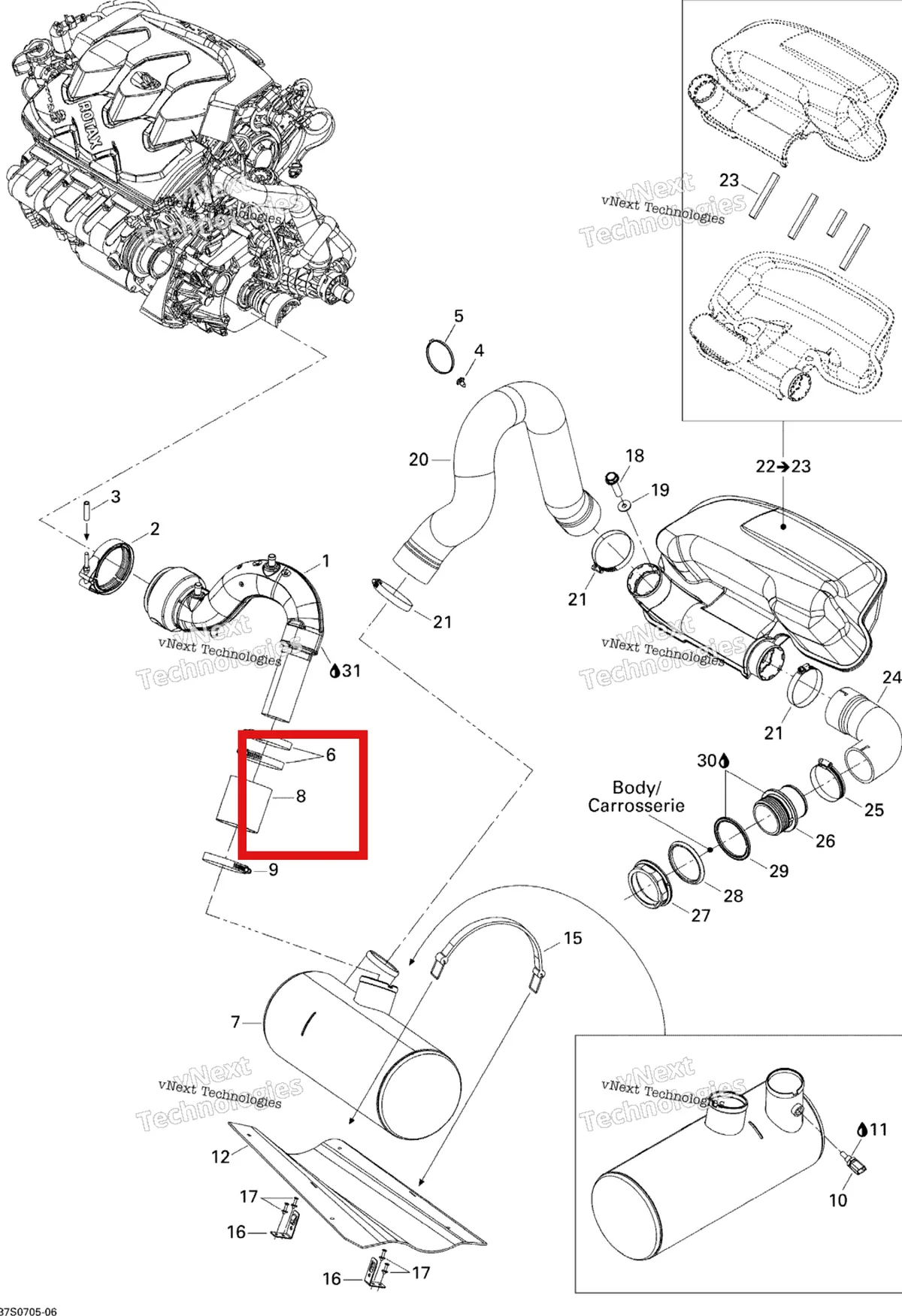 Деталь 274001302 на схеме узла 2007 Sea-Doo GTI 4-TEC SE Exhaust System