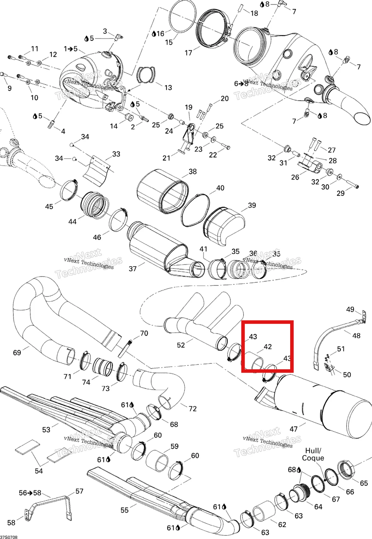 Деталь 274001326 на схеме узла 2007 Sea-Doo 3D 947 DI Exhaust System