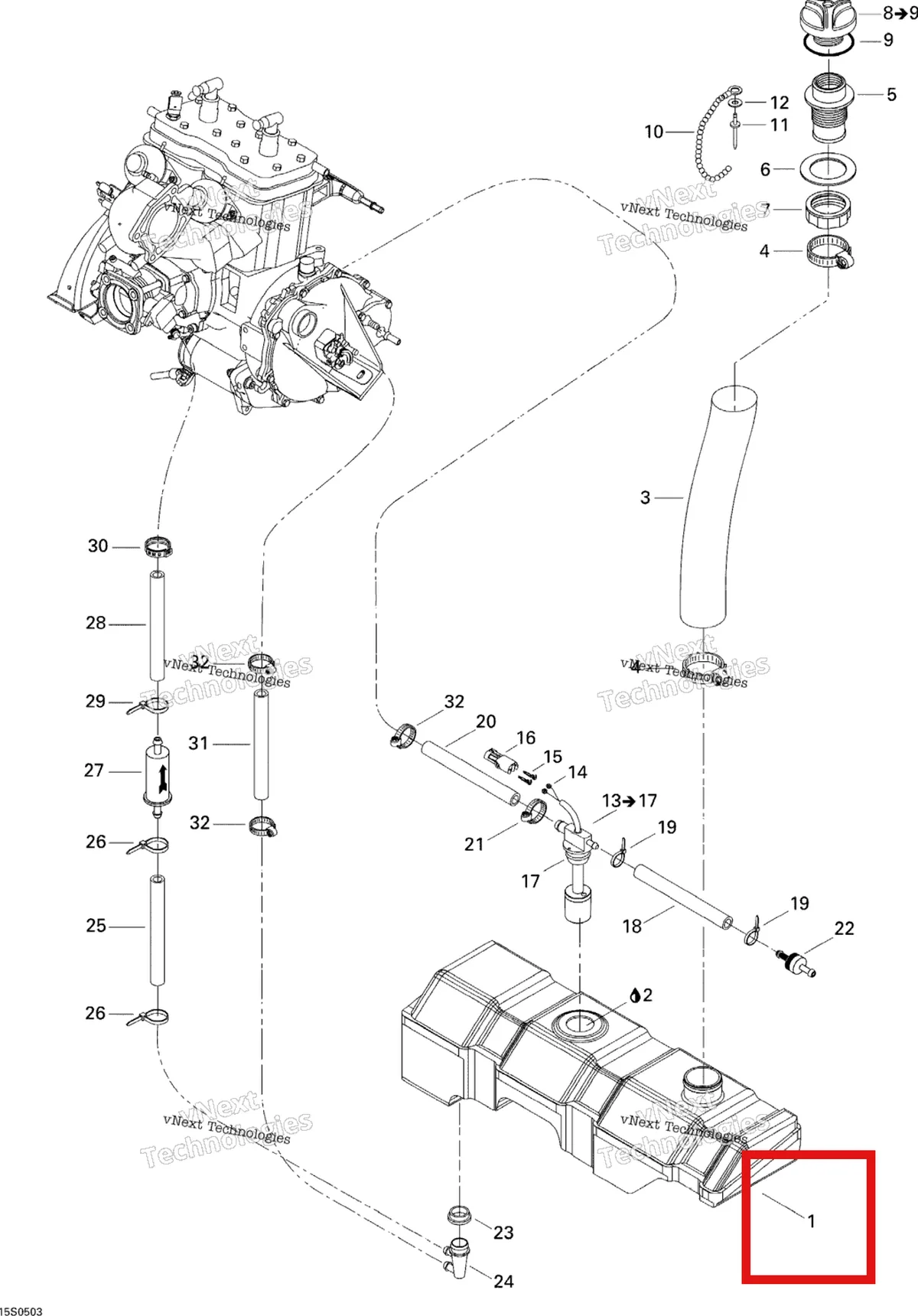 Деталь 275000238 на схеме узла 2005 Sea-Doo GTI LE RFI Oil Injection System
