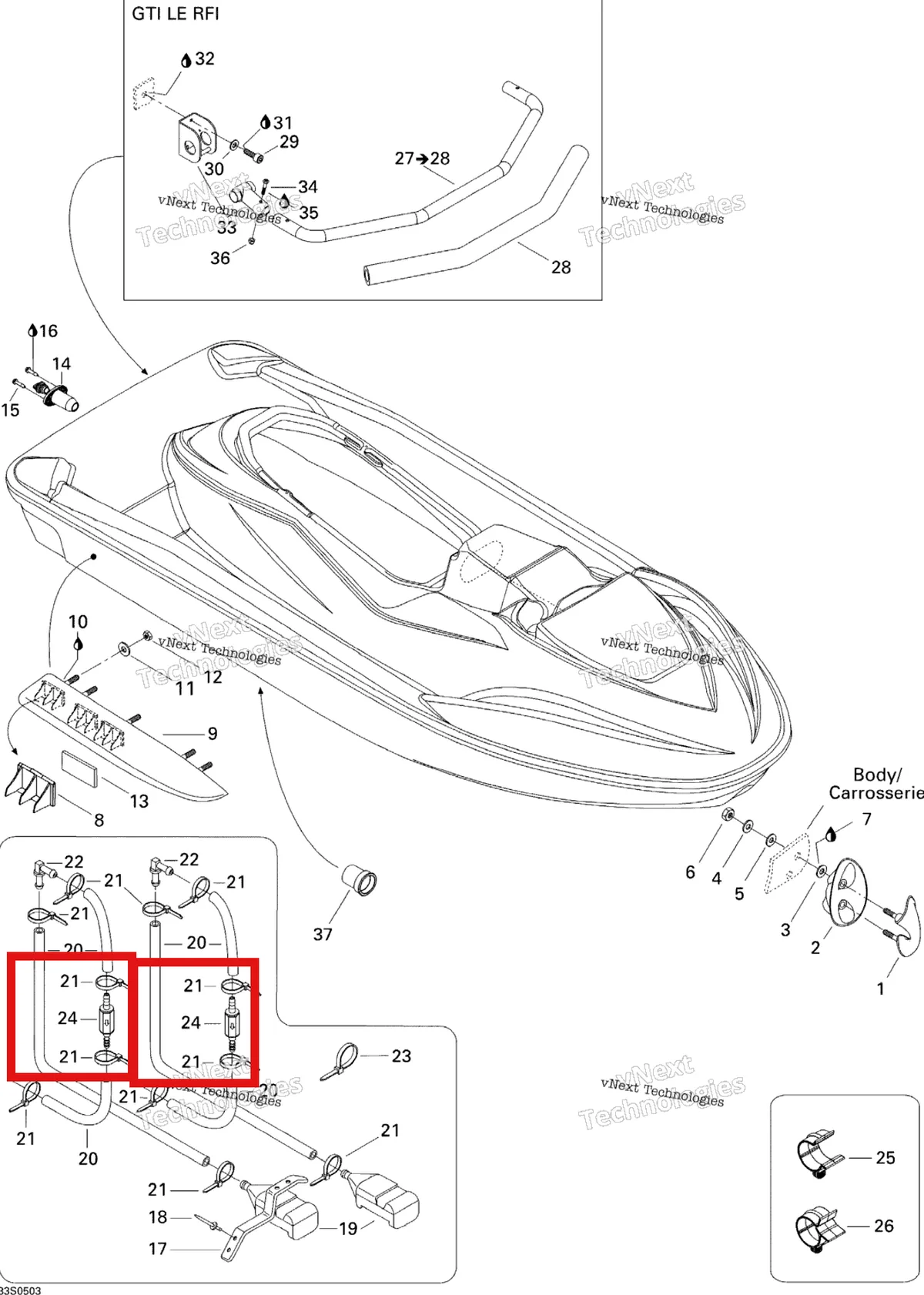 Деталь 276000093 на схеме узла 2005 Sea-Doo GTI LE RFI Hull Le