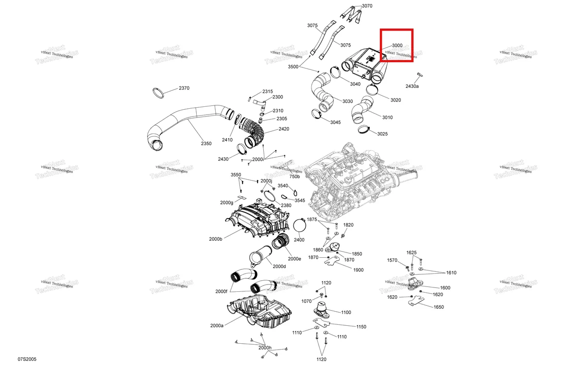 Деталь 276000406 (Intercooler включает 3000 to 3000 a Sea-Doo GTX 230 (2023) (276000406)) на схеме узла 2020 Sea-Doo GTR 230 Engine