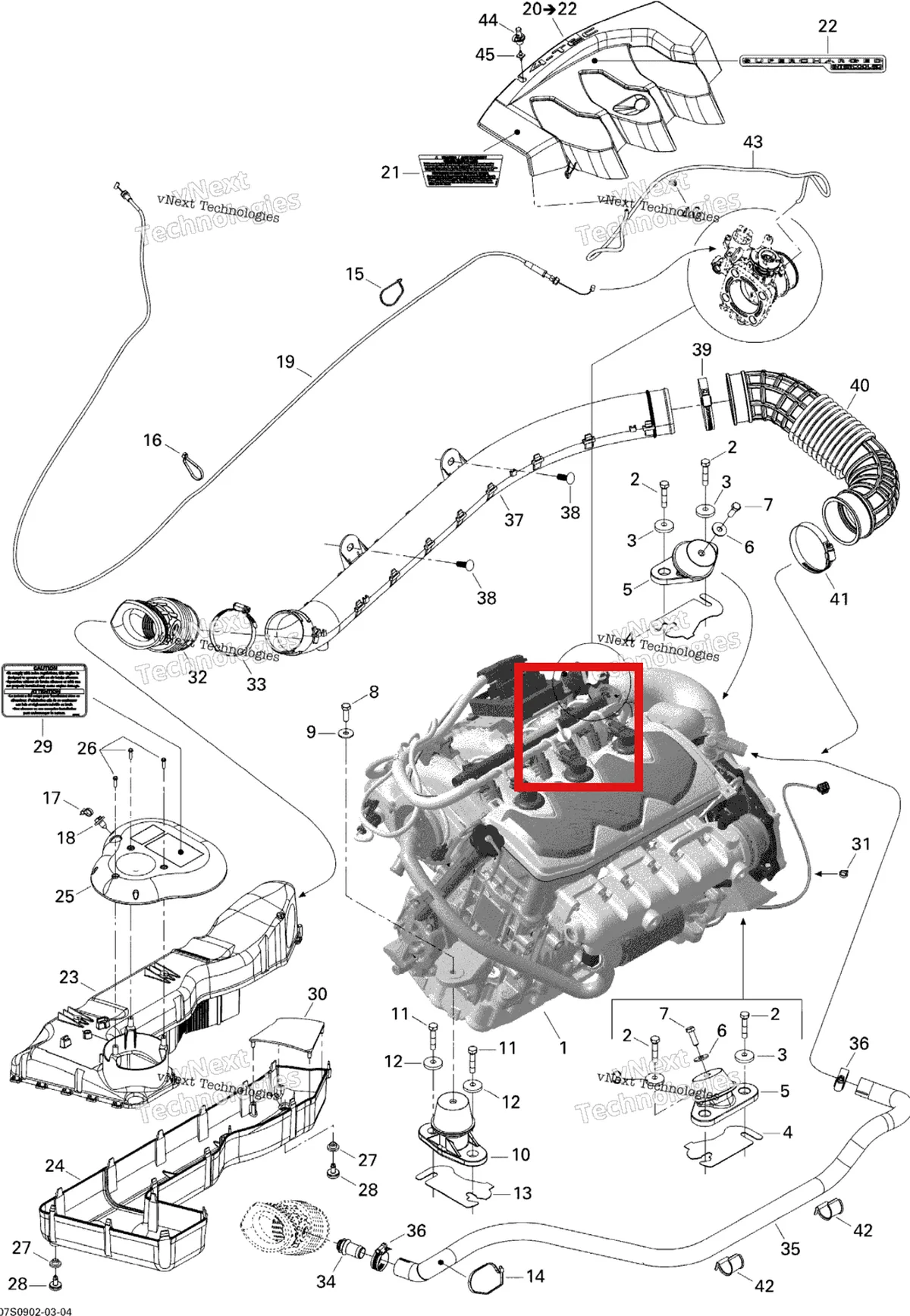 Деталь 277001121 на схеме узла 2009 Sea-Doo GTX 215 Engine And Air Intake Silencer