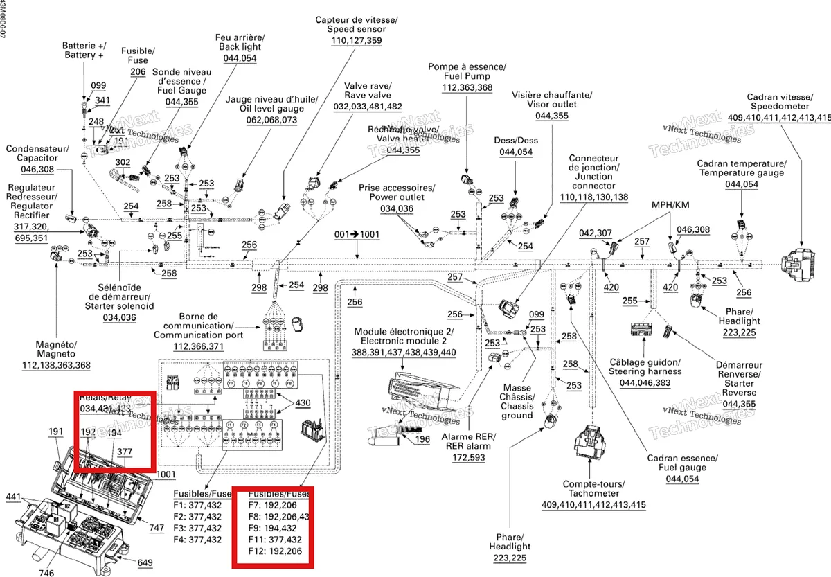 Деталь 278001197 (Деталь Fuse 10a. Model-ledc) на схеме узла 2008 Ski-Doo Summit Adrenaline 600HO SDI Electrical Harness