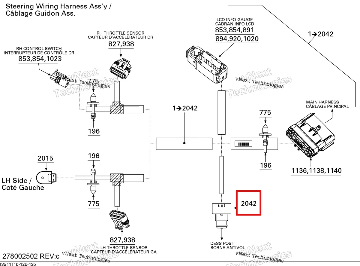 Деталь 278002325 (Safety выключатель Sea-Doo GTX 215 (2012) (278002325)) на схеме узла Electrical Harness , Steering