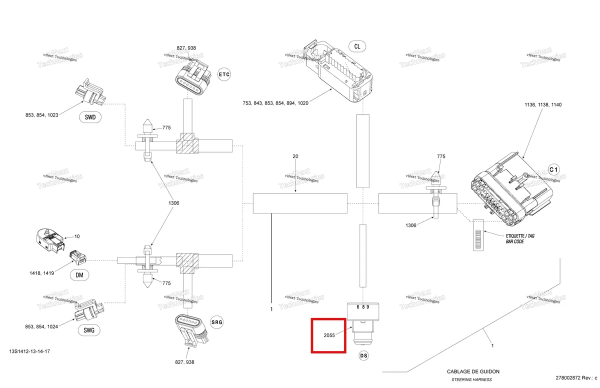 Деталь 278002773 на схеме узла 2014 Sea-Doo GTI SE 155 Electrical Harness Steering