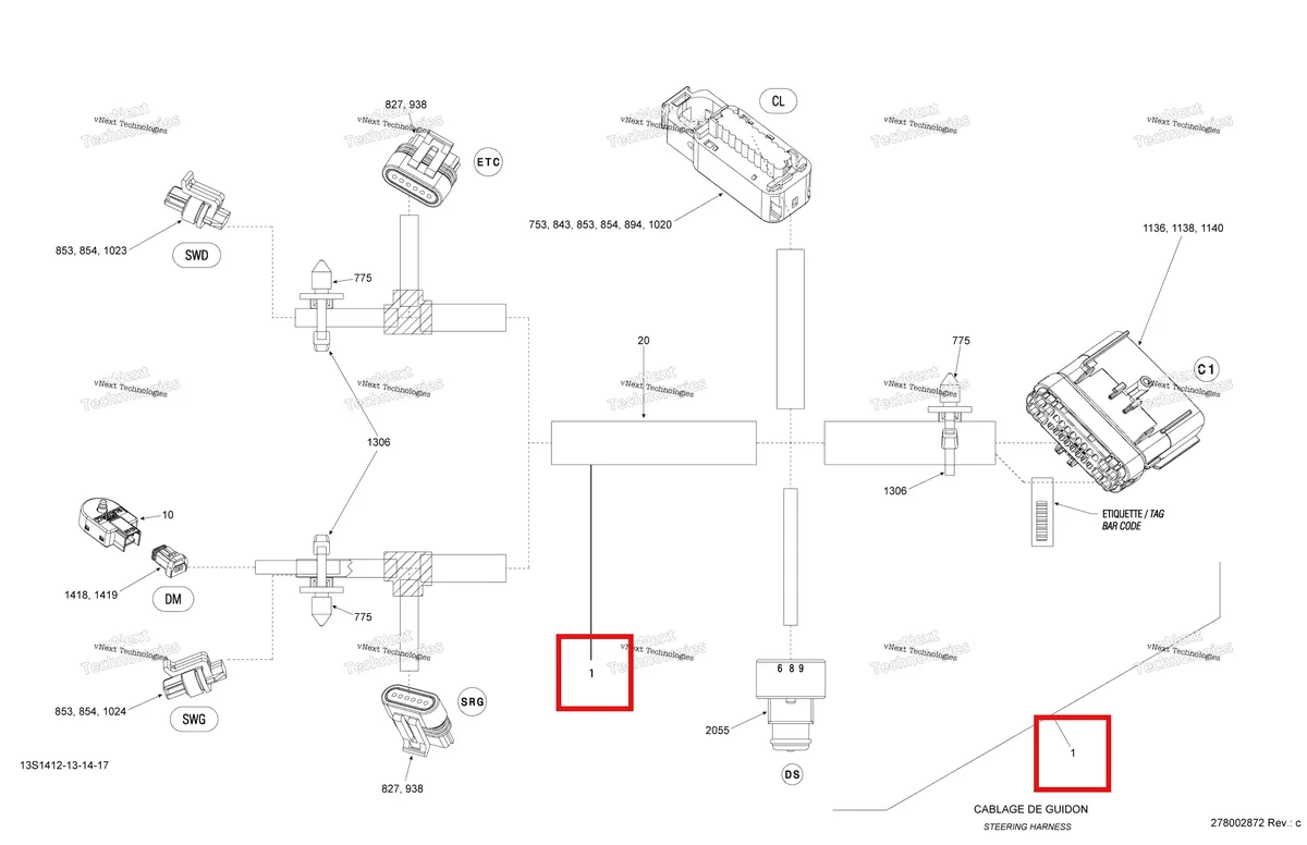 Деталь 278002952 на схеме узла 2014 Sea-Doo GTI SE 155 Electrical Harness Steering