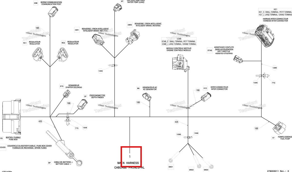 Деталь 278003011 на схеме узла 2014 Sea-Doo GTX LTD 215 Electrical Harness Main Harness