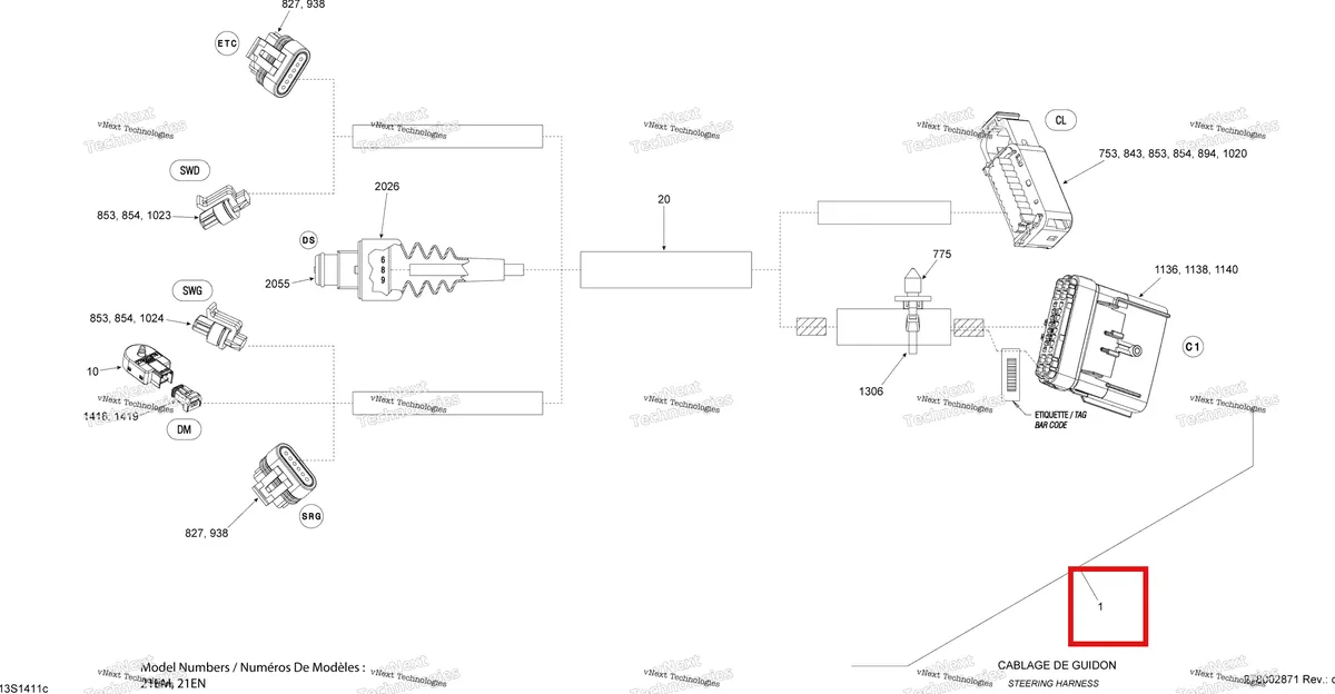 Деталь 278003085 на схеме узла 2014 Sea-Doo RXP-X 260 & RS Electrical Harness Steering Harness 1