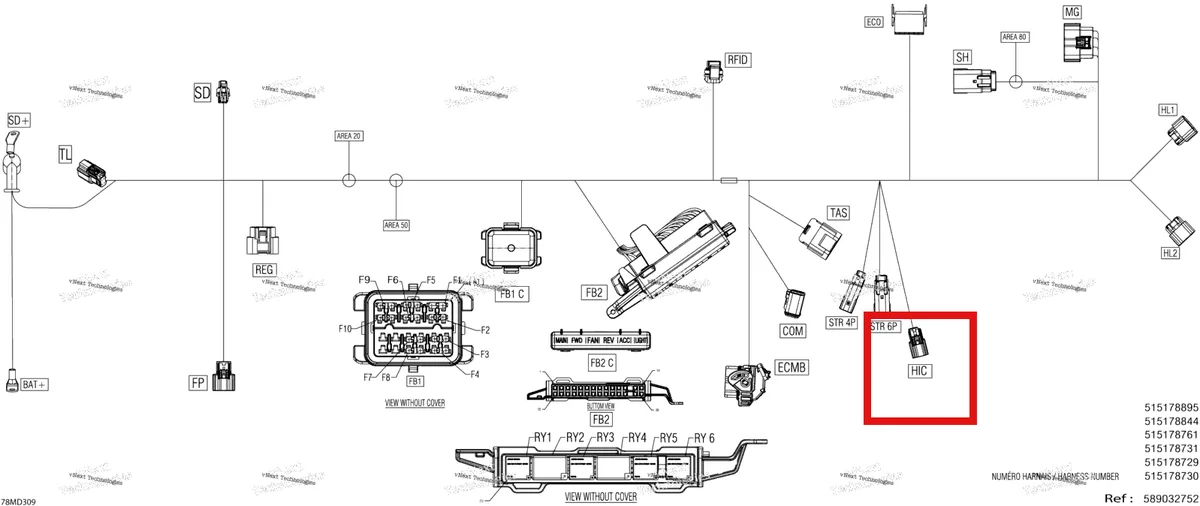 Деталь 278003535 на схеме узла 2024 Ski-Doo SKANDIC 900 ACE - LE - AHRA - Deep Black - 154X20X1.5CST Track Electric - Main Harness - 515178729