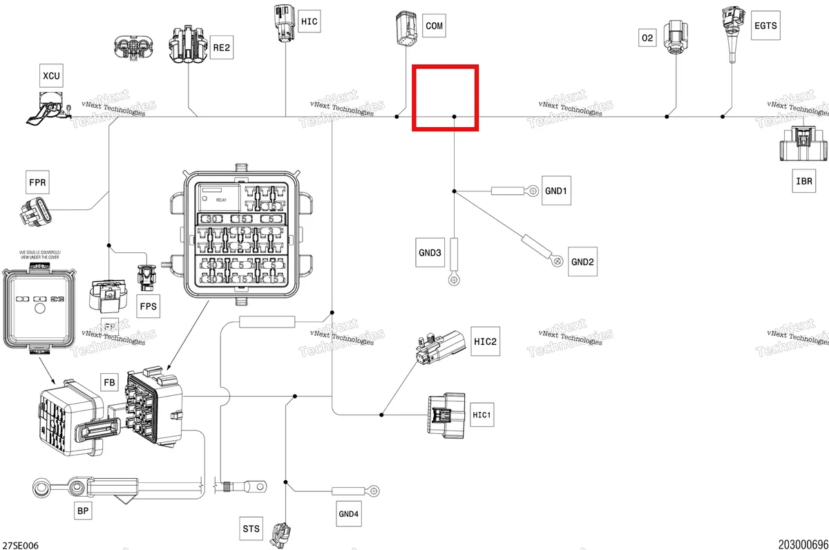 Деталь 278003685 на схеме узла 2025 Sea-Doo RXP - 325 - X - 23SB - Ice Metal - Audio Electric - Main Harness - 278004456